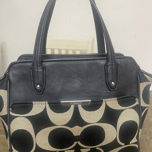Coach Black and Cream Signature Satchel with Leather Trim